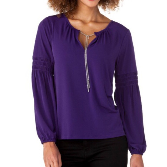 Michael Kors Smocked Sleeve Peasant Top in Iris - Picture 2 of 5